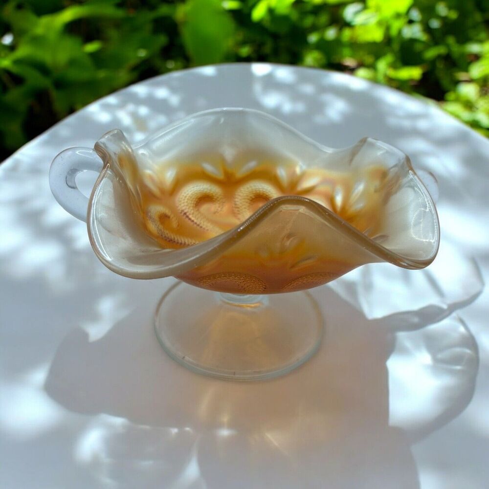Vintage carniaval glass Dugan Marigold Bon-Bon W/ Question Marks Pattern